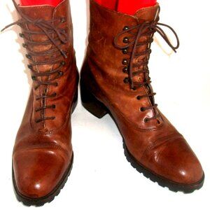Vtg '90s Joan & David Fine Caramel-Leather Block-Heel Lace-Up Boots 10M 40 FAB!